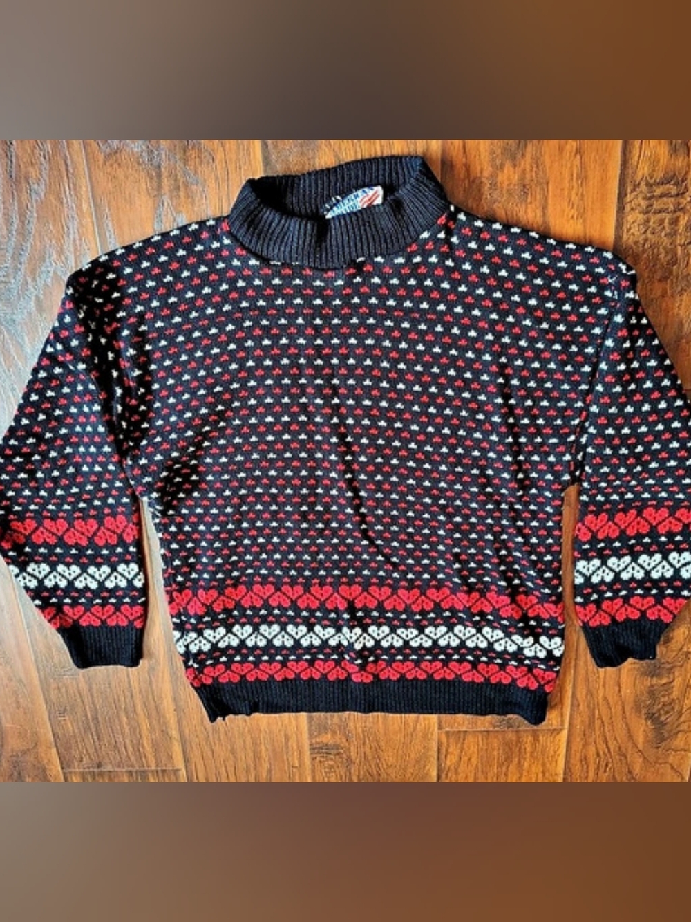 Vintage 80s American Pride Pullover Knit Sweater Black Red And Hearts